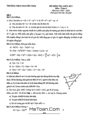 Đề thi Giữa Học Kì 1 Toán 8 năm 2025 - 2026 trường THCS Nguyễn Trãi, Hà Nội