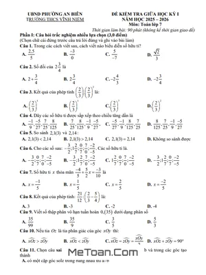 Tải Đề Thi Giữa Kỳ 1 Toán 7 Năm 2025 - 2026 Trường THCS Vĩnh Niệm, Hải Phòng (Có Đáp Án)