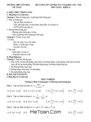 Đề Cương Ôn Tập HK1 Toán 11 Năm 2019 - 2020 Trường Yên Hòa - Hà Nội