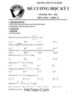 Đề Cương Ôn Tập Học Kỳ 1 Toán 12 Năm 2021 - 2022 Trường THPT Xuân Đỉnh - Hà Nội