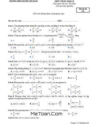 Đề khảo sát ôn thi THPT Quốc gia Toán 11 trường THPT Nguyễn Viết Xuân – Vĩnh Phúc lần 1