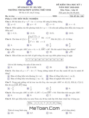 Đề thi học kỳ 1 Toán 10 năm 2022 - 2023 trường Lương Thế Vinh - Hà Nội