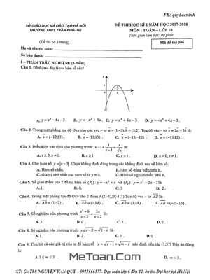 Đề thi HK1 Toán 10 năm học 2017 - 2018 trường THPT Trần Phú - Hà Nội (có đáp án)