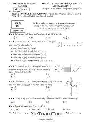 Đề thi HK1 Toán 12 năm 2019 - 2020 trường THPT Marie Curie - TP HCM