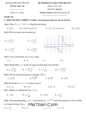 Đề thi HK1 Toán 12 năm học 2016 - 2017 trường THPT Nguyễn Huệ - Hà Tĩnh