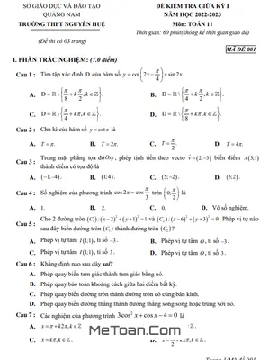 Đề thi giữa học kỳ 1 Toán 11 năm 2022 - 2023 trường THPT Nguyễn Huệ - Quảng Nam