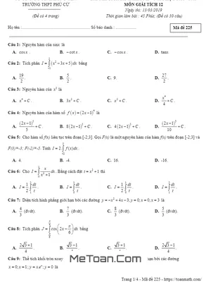 Đề thi giữa kỳ 2 môn Toán lớp 12 năm 2018 - 2019 trường THPT Phù Cừ - Hưng Yên (Mã đề 255) có đáp án