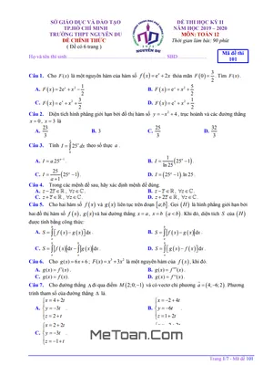 Đề thi học kì 2 môn Toán lớp 12 năm 2019 - 2020 trường THPT Nguyễn Du - TP. HCM (có lời giải)