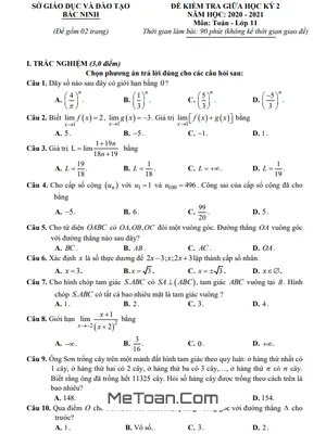 Đề kiểm tra giữa kỳ 2 Toán 11 năm 2020 - 2021 sở GD&ĐT Bắc Ninh