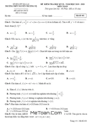 Đề Thi HK2 Toán 11 Năm 2019 - 2020 Trường THPT Nguyễn Trường Tộ - Gia Lai