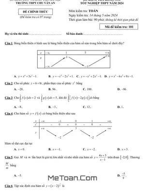 Đề khảo sát Toán tốt nghiệp THPT 2024 trường THPT Chu Văn An – Hà Nội
