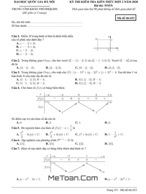 Đề thi thử Toán 2020 lần 2 trường ĐH Quốc gia Hà Nội - Mã đề 653