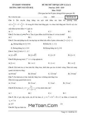Đề thi thử Toán THPT Quốc gia 2019 trường Nguyễn Huệ – Ninh Bình lần 3