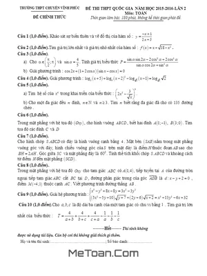Đề thi thử THPT Quốc gia môn Toán năm 2016 lần 2 trường THPT chuyên Vĩnh Phúc