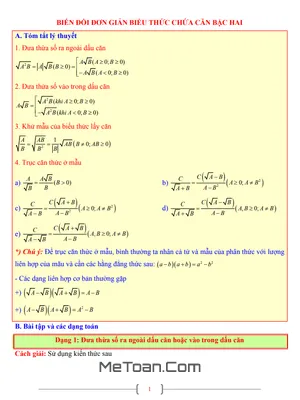 Tài Liệu Ôn Tập Toán 9: Biến Đổi Đơn Giản Biểu Thức Chứa Căn Bậc Hai