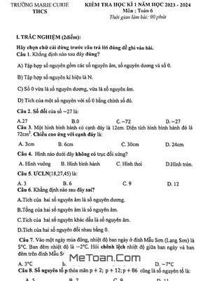 Đề thi học kì 1 môn Toán lớp 6 năm 2023 - 2024 trường Marie Curie - Hà Nội