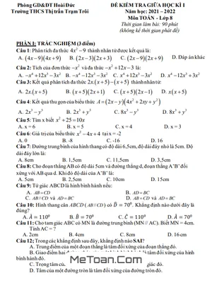 Đề thi giữa kì 1 Toán 8 năm 2021 - 2022 trường THCS Trạm Trôi - Hà Nội