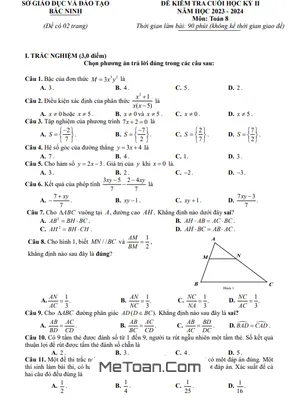 Đề thi Toán 8 học kỳ 2 năm 2023 - 2024 sở GD&ĐT Bắc Ninh có đáp án