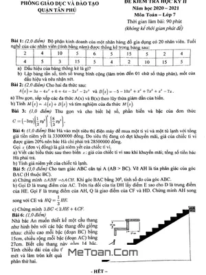 Đề thi học kỳ 2 Toán lớp 7 năm 2020 - 2021 phòng GD&ĐT Tân Phú - TP HCM