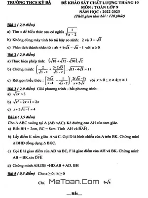 Đề khảo sát Toán 9 tháng 10 năm 2022 trường THCS Kỳ Bá - Thái Bình
