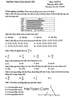 Đề Thi Học Kì 2 Môn Toán Lớp 6 Năm 2021 - 2022 Trường THCS Nam Trung Yên - Hà Nội