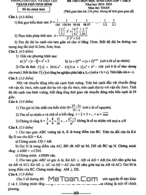 Đề thi học sinh giỏi Toán 7 năm 2022 - 2023 phòng GD&ĐT thành phố Ninh Bình