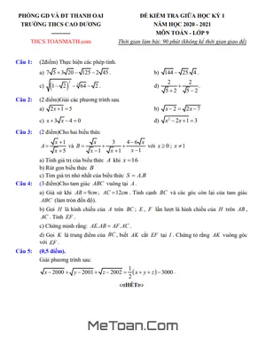 Đề thi giữa kì 1 Toán 9 năm 2020 - 2021 trường THCS Cao Dương - Hà Nội