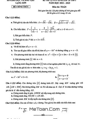 Đề Thi Vào Lớp 10 Môn Toán Sở GD&ĐT Lạng Sơn Năm 2022 - 2023