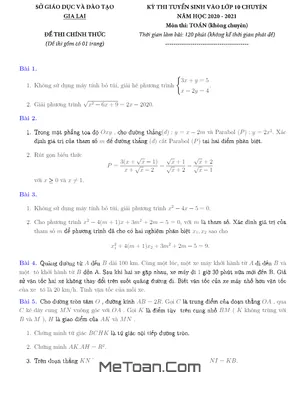 Đề thi tuyển sinh lớp 10 môn Toán (không chuyên) năm 2020 - 2021 Sở GD&ĐT Gia Lai