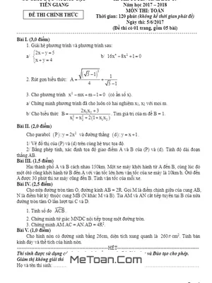 Đề thi tuyển sinh lớp 10 môn Toán năm 2017 - 2018 sở GD&ĐT Tiền Giang (có lời giải)