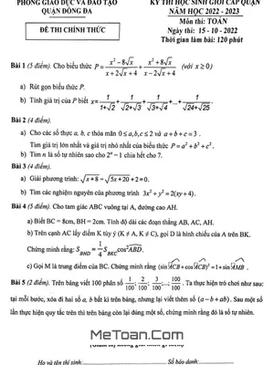 Đề thi học sinh giỏi Toán lớp 9 cấp quận Đống Đa - Hà Nội năm 2022 - 2023