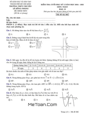 Đề thi học kỳ 1 Toán 12 năm 2024 - 2025 trường chuyên Lê Hồng Phong - TP.HCM