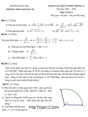 Đề Khảo Sát Toán 9 Tháng 11 Năm 2025 THCS Ngô Gia Tự - Hà Nội (Kèm Đáp Án Chi Tiết)