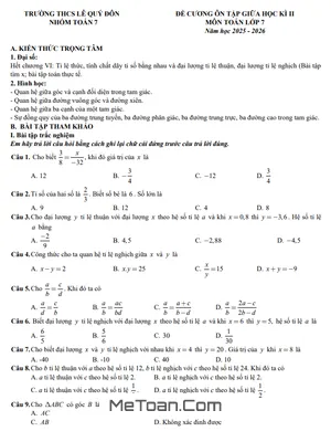 Đề cương giữa học kì 2 Toán 7 năm 2025 – 2026 trường THCS Lê Quý Đôn – Hà Nội