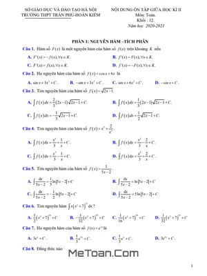 Ôn Tập Giữa Kì 2 Toán 12 Năm 2020 - 2021 Trường THPT Trần Phú - Hà Nội