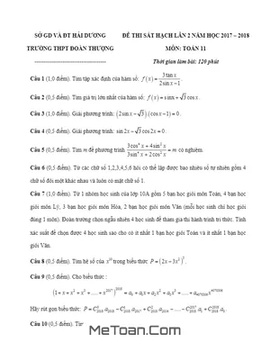 Đề thi sát hạch Toán 11 lần 2 năm học 2017 - 2018 trường THPT Đoàn Thượng - Hải Dương