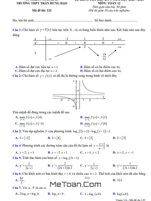 Đề thi học kỳ 1 Toán 12 năm 2023 - 2024 trường THPT Trần Hưng Đạo - Ninh Bình