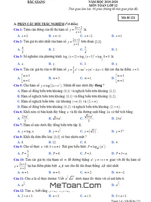 Đề thi HK1 Toán 12 năm học 2019 - 2020 sở GD&ĐT Bắc Giang