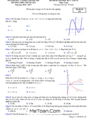 Đề thi HK1 Toán 12 năm 2016 - 2017 trường THPT Trung Giã - Hà Nội - Mẫu đề thi