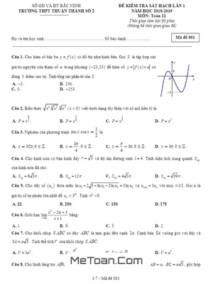 Đề Kiểm Tra Sát Hạch Toán 12 Lần 1 Năm 2018 - 2019 Trường Thuận Thành 2 - Bắc Ninh
