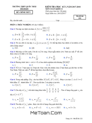 Đề thi học kỳ 1 Toán 11 năm 2017-2018 trường THPT Quốc Thái - An Giang