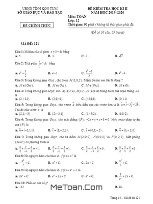 Đề thi học kì 2 Toán 12 năm học 2019 - 2020 sở GD&ĐT Kon Tum