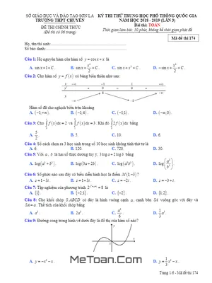 Đề thi thử THPT Quốc gia 2019 môn Toán trường THPT chuyên Sơn La lần 3