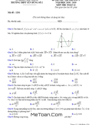 Đề Thi Thử THPTQG Môn Toán Năm 2018 - 2019 Trường Yên Dũng 2 - Bắc Giang Lần 1