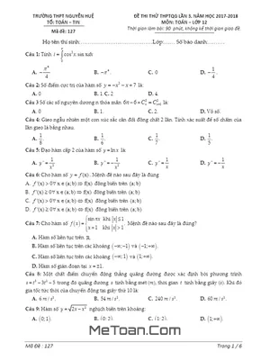 Đề thi thử Toán THPTQG 2018 trường THPT Nguyễn Huệ – Ninh Bình (Lần 3) có đáp án