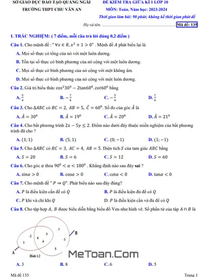 Đề Thi Giữa Kì 1 Toán 10 Năm 2023 - 2024 Trường THPT Chu Văn An - Quảng Ngãi