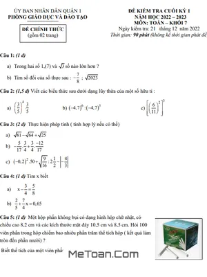 Đề kiểm tra cuối kỳ 1 Toán 7 năm 2022 – 2023 phòng GD&ĐT Quận 1 – TP HCM