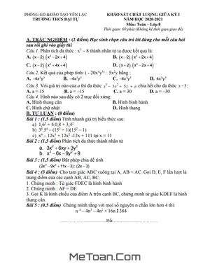 Đề thi giữa kì 1 Toán 8 năm 2020 - 2021 trường THCS Đại Tự - Vĩnh Phúc (có đáp án)