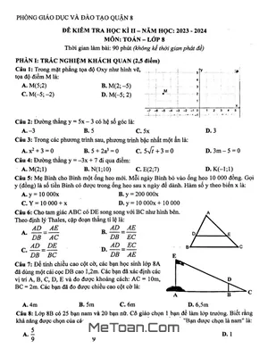 Đề thi học kì 2 Toán 8 năm 2023 - 2024 phòng GD&ĐT Quận 8 - TP.HCM