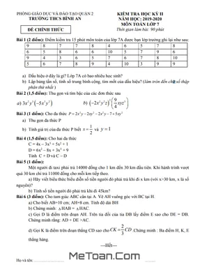 Đề thi học kì 2 Toán lớp 7 năm 2019 - 2020 trường THCS Bình An - TP HCM